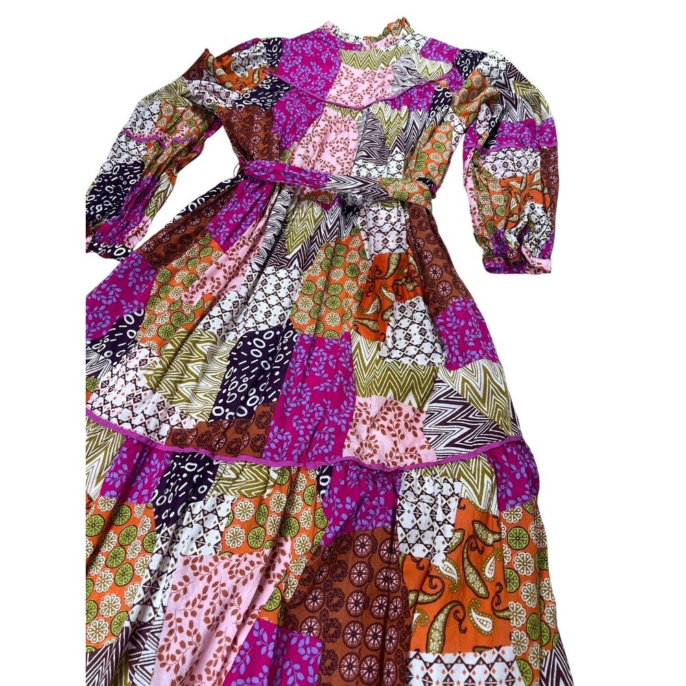 Fate Patchwork Boho Midi Maxi Dress Medium Cotton Belted Tiered Pockets 50" - Picture 11 of 13